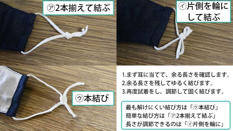 活動報告 マスクのゴムの結び方 緊急生産 洗って繰り返し使える日本製抗菌加工マスク 大人用 子ども用3サイズ展開 クラウドファンディング Kibidango きびだんご